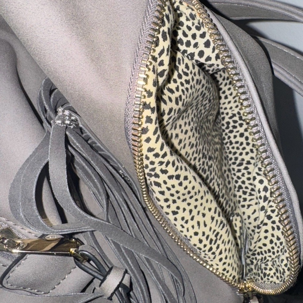 Gray Leather like Backpack with Fringe - Picture 7 of 8